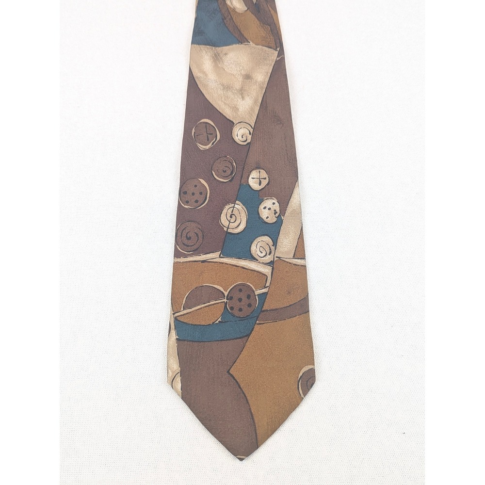 Stefano Milano Mens Silk Tie Brown Teal Abstract Geometric Hand Made in Italy